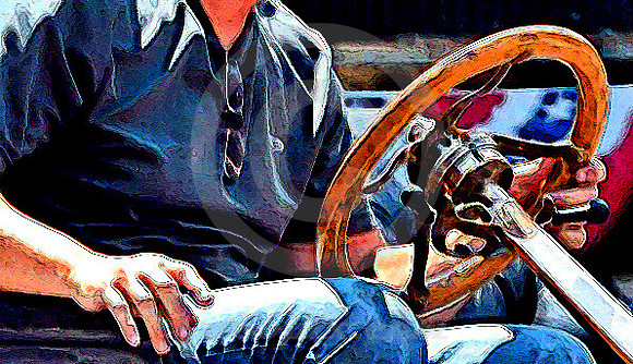 MAN, STEERING WHEEL & BUNTING (Lincoln Highway Kearney NE)