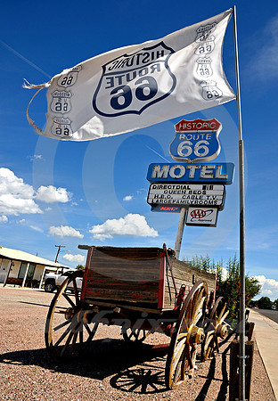 CONTRAIL, FLAG, SIGN & WAGON (Rt 66 Seligman AZ)