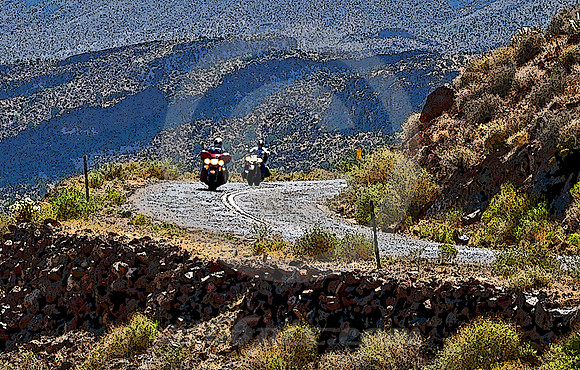 TWO BIKERS ON CURVE (Rt 66 nr Oatman AZ)