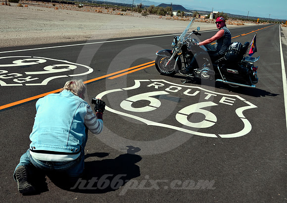 TWO BIKERS, TWO SHIELDS (Rt 66 Amboy CA)