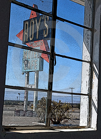 ROY'S SIGN FROM INSIDE (Rt 66 Amboy CA)