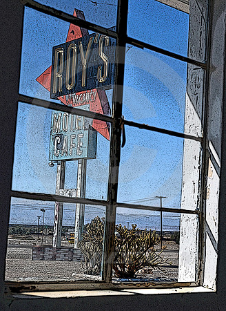 ROY'S SIGN FROM INSIDE (Rt 66 Amboy CA)