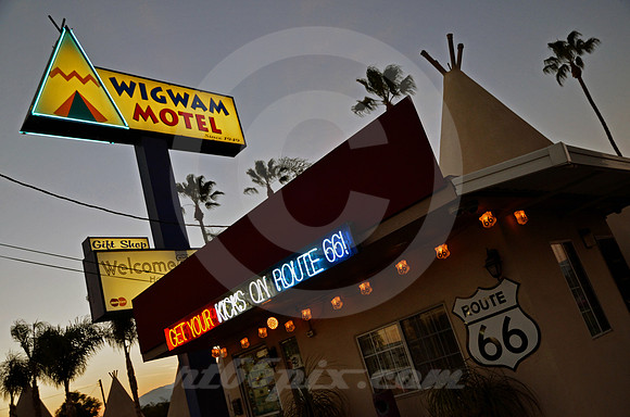 WIGWAM SIGNS AT DUSK (Rt 66 San Bernardino CA)