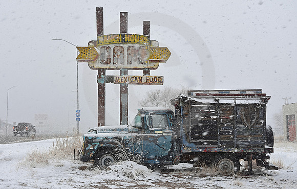 CAFE & CHEVY TRUCK IN SNOW (Rt 66 Tucumcari NM)