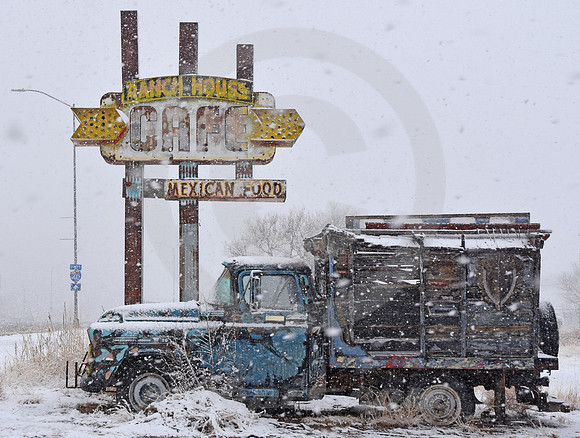 CAFE & CHEVY TRUCK IN SNOW #2 (Rt 66 Tucumcari NM)