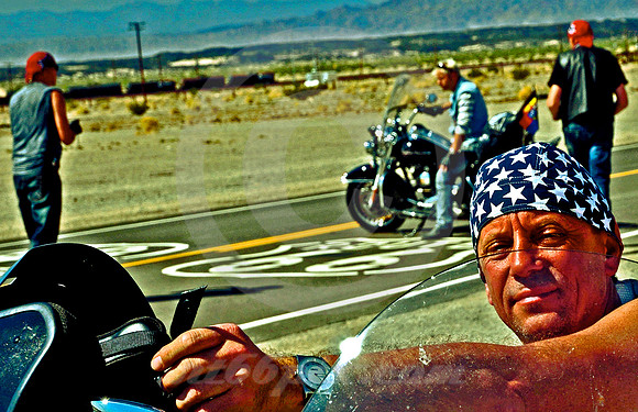 FOUR BIKERS & SHIELD (Rt 66 Amboy CA)