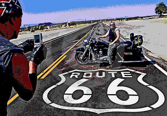 WOMAN BIKER & SHIELD (Rt 66 Amboy CA)