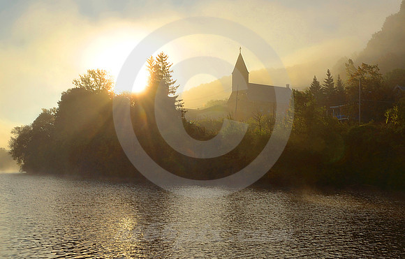 CHURCH & CANAL AT DAWN (Erie Canal Little Falls NY)