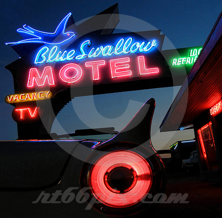 FIN ('57 T-BIRD) AND BLUE SWALLOW SIGN (Rt 66 Tucumcari NM)