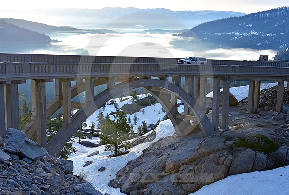 WHITE TRUCK ON BRIDGE (Lincoln Highway Donner Pass CA)