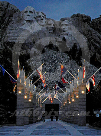 MT. RUSHMORE AND FLAGS AT SUNSET (Mt Rushmore SD)