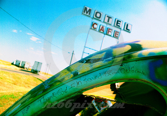 THANK GOD I'M SAVED, MOTEL, CAFE (Rt 66 VW Bug Ranch Conway TX)