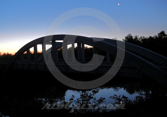 MARSH ARCH BRIDGE & MOON, NEAR DAWN  (Rt 66 nr Baxter Springs KS)