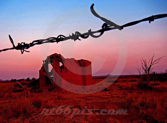 BARBED WIRE & RUIN AT DAWN (Rt 66 nr Endee NM)