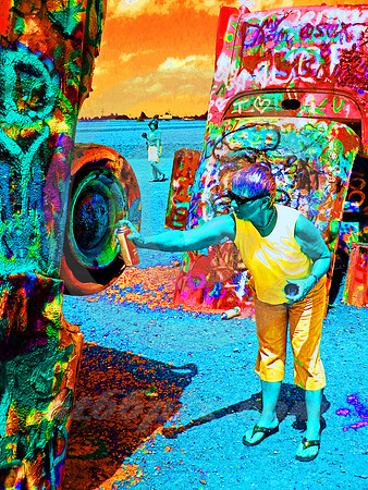 WOMAN WITH SPRAY PAINT (SOLARIZED) (Rt 66 Cadillac Ranch TX)