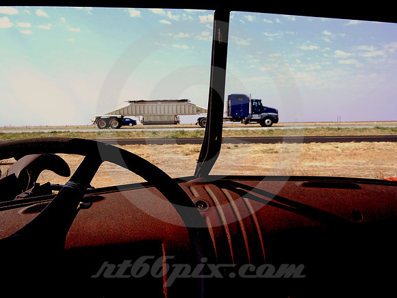 CHEVY TRUCK ('30S) WINDSHIELD VIEW (Rt 66 nr Amarillo TX)