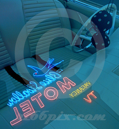 BLUE SWALLOW SIGN IN WINDSHIELD (Rt 66 Tucumcari NM)