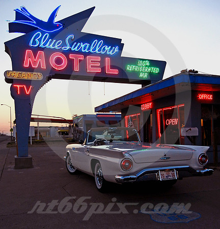 T-BIRD ('57) AND BLUE SWALLOW SIGN AT SUNSET (Rt 66 Tucumcari NM)