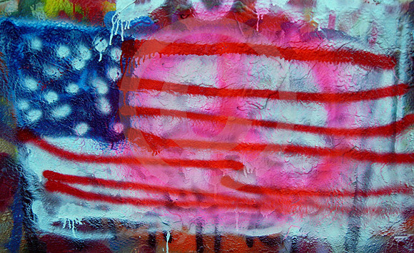 US FLAG OVER PEACE SYMBOL (Rt 66 Cadillac Ranch TX)